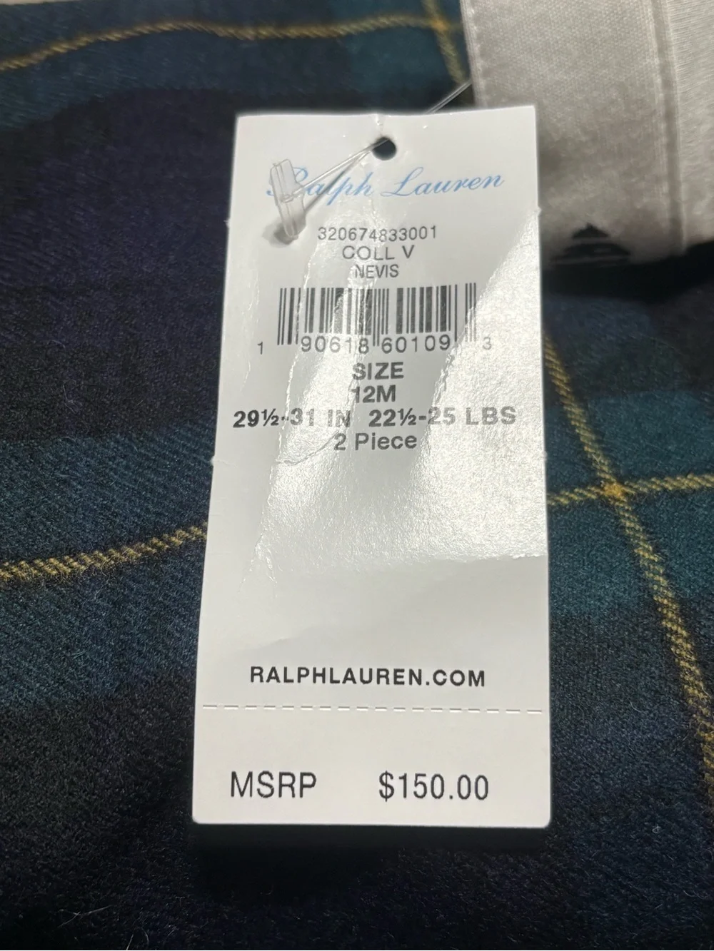 Ralph Lauren Navy and Green Plaid Longall with White Bodysuit Size 12M